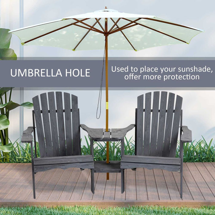 Wooden Double Adirondack Chairs Loveseat & Center Table & Umbrella Hole, Grey