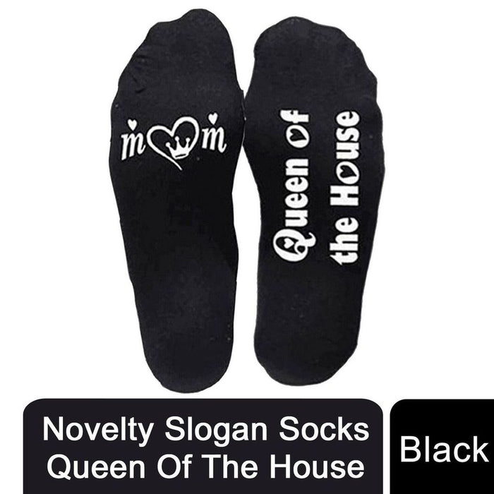 Flo Novelty Cotton Mid Calf Socks, Funny Slogans, Queen of the House, Black