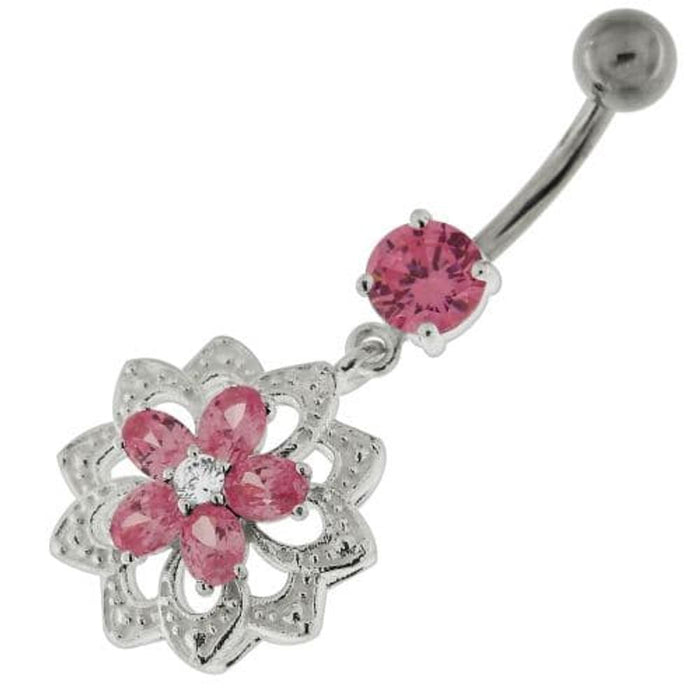 Jeweled Filigree Flower Sterling Silver Belly Button Ring