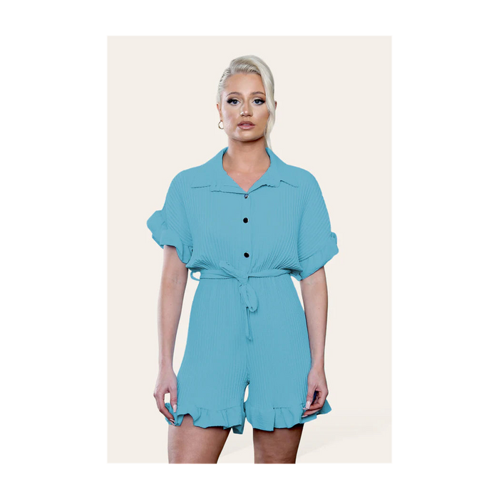 Pleated Ruffle Shirt Short Playsuit With Frill Hems