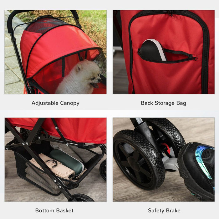 PawHut Dog Stroller, Pet Stroller, Foldable Dog Cat Travel Pushchair with Reversible Handle, EVA Wheels, Brake, Basket, Adjustable Canopy, Safety Leash, for Small Dogs, Red