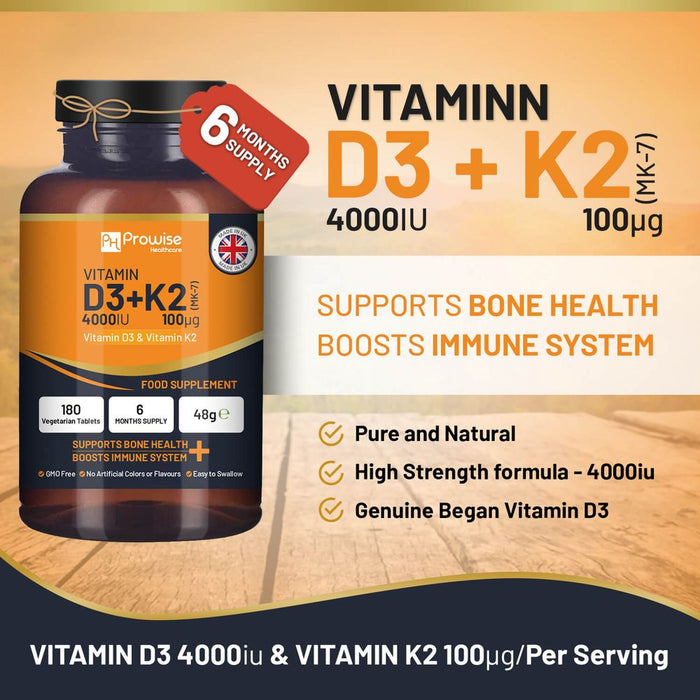 High Potency Vitamin D3 & K2 MK7 4000IU/100μg 180 Tablets for Immune Support, Bone Health | Prowise