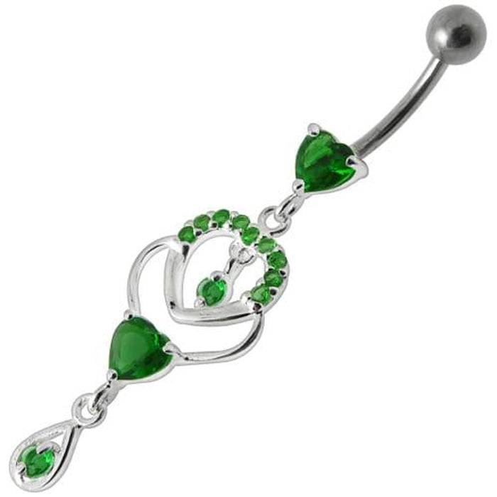 Fancy Jeweled Dangling Heart With Banana Bar Belly Ring Body Jewelry