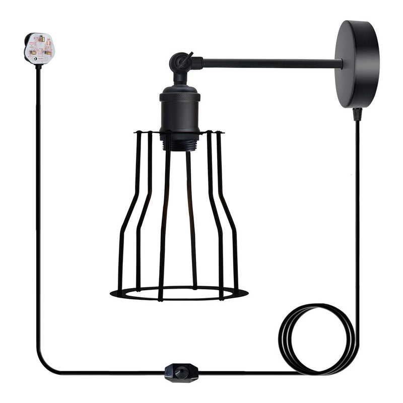 Black Vintage Industrial Light Plug in Wire cage E27 Wall Lamp~5059