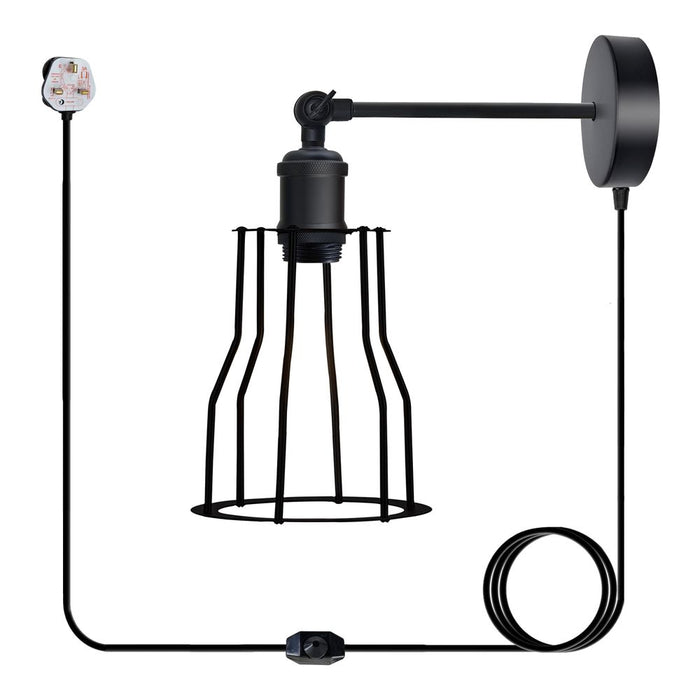 Modern Industrial Black Loft Metal Plug in wall Lamp Shade Wire Cage 4m Rapper cable with dimmer switch