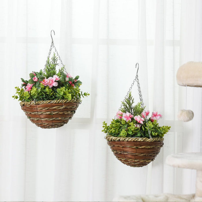 Pack of 2 Artificial Lisianthus Flowers Hanging Planter with Basket