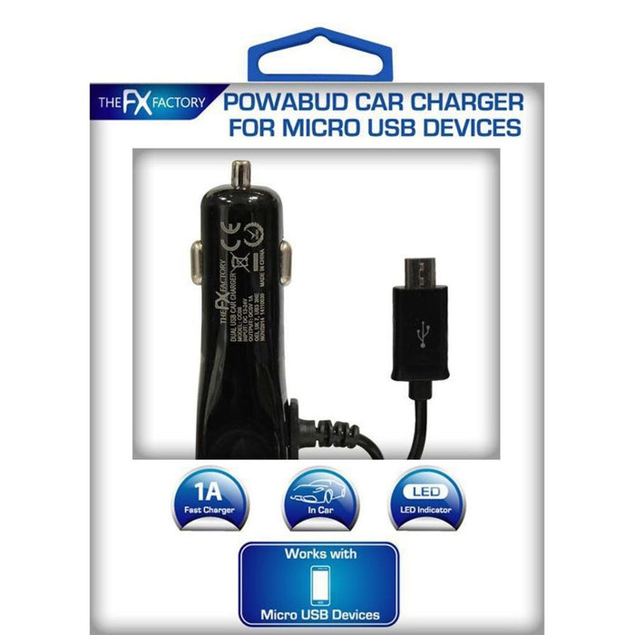 FX Car Charger Powabud: Plug & Power Micro USB Devices. Lightweight & Compact. Outputs 5v 1000 mAh. LED Power Indicator. Compatible with Mobile Phones, Tablets, Bluetooth Headsets, & More. Short Circuit & Overload Protection.