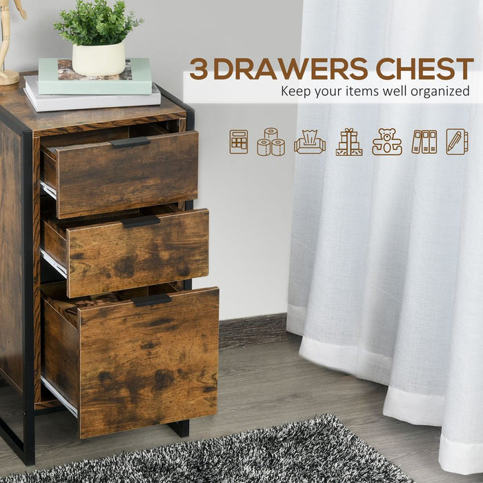 Premium Quality Industrial 3-Drawer Storage Chest - Metal Frame - Freestanding Unit - Brown