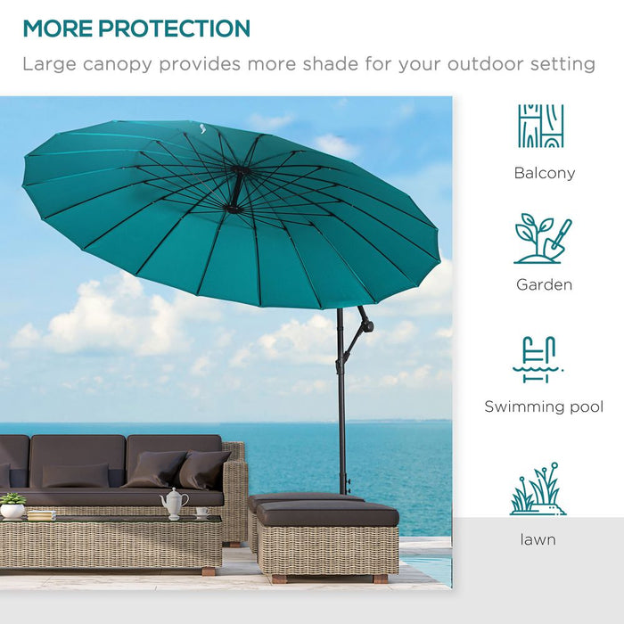 Outsunny 3(m) Cantilever Shanghai Parasol Garden Hanging Banana Sun Umbrella with Crank Handle, 18 Sturdy Ribs and Cross Base, Turquoise