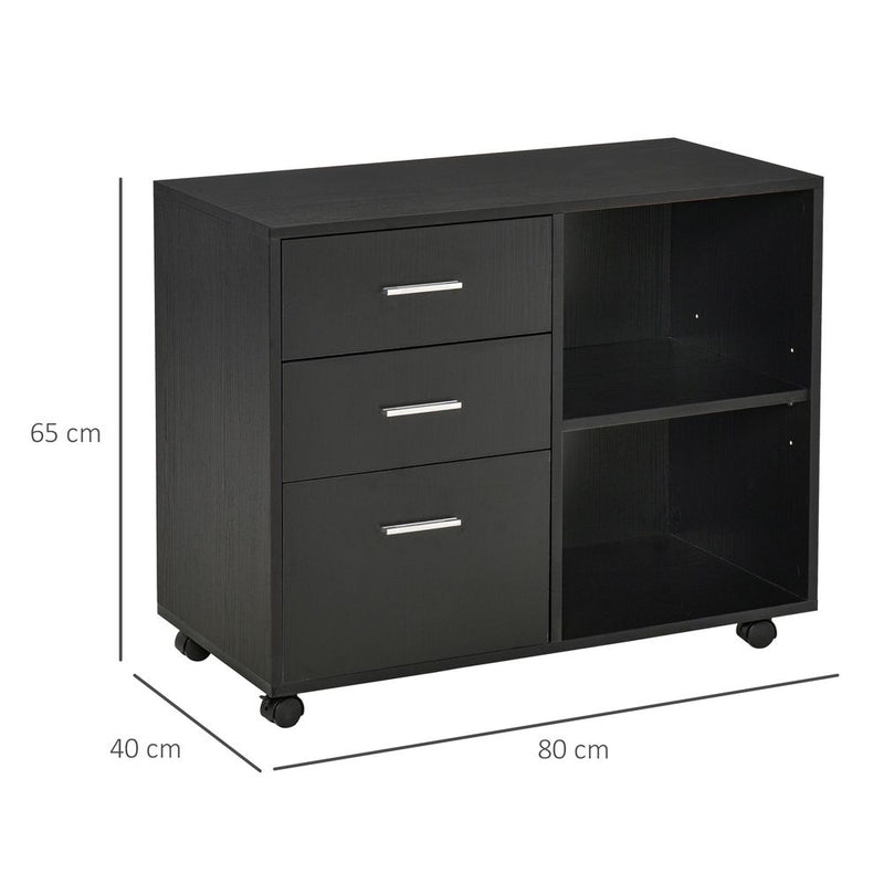 HOMCOM Freestanding Printer Stand Unit Office Desk Side Mobile Storage w/Wheels 3 Drawers, 2 Open Shelves Modern Style 80L x 40W x 65H cm - Black
