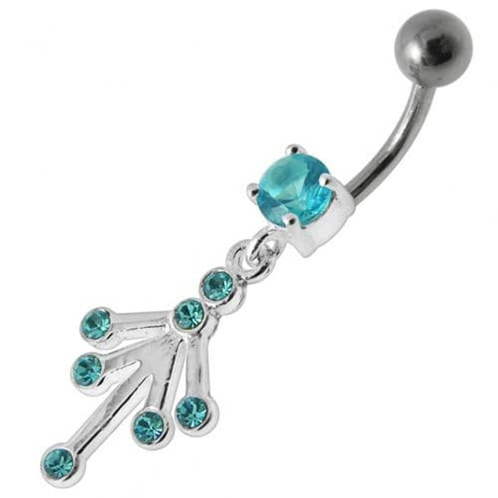 Fancy Jeweled Silver Dangling With Curved Bar Belly Ring Body Jewelry