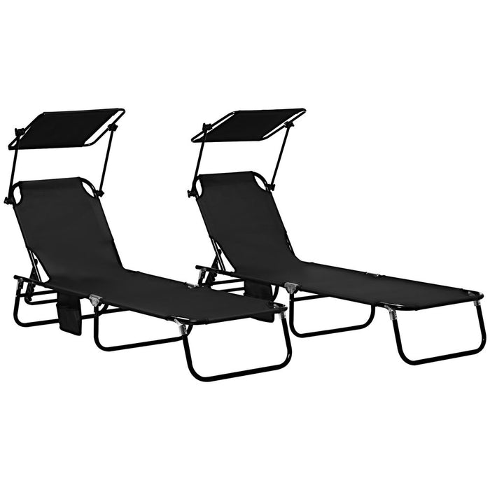 Outsunny Folding Sun Loungers - 2 Pack, Adjustable Backrest, Sunshade, Black