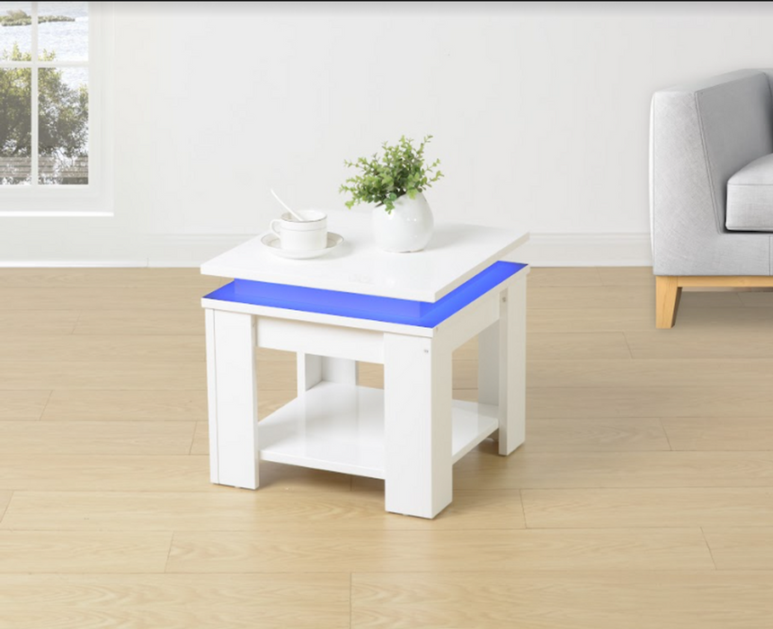 WHITE Square Side Table with BLUE LED Light - EFFULGENCE