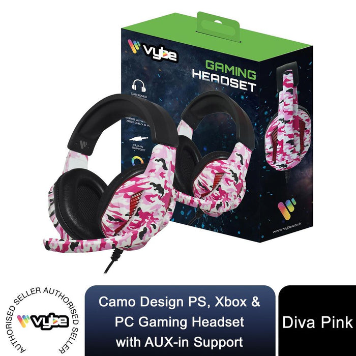 Vybe Camo Gaming Headset for PS, Xbox & PC with AUX-in Support, Diva Pink