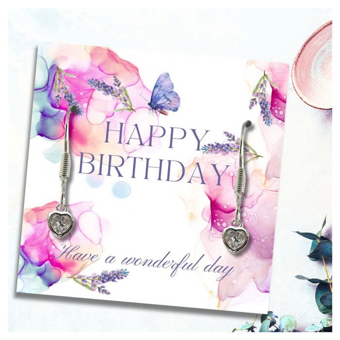 Happy Birthday Heart Earrings & Lavender Butterfly Message Card