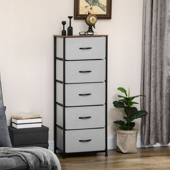 HOMCOM 5 Drawer Fabric Chest - Wooden Top - Grey