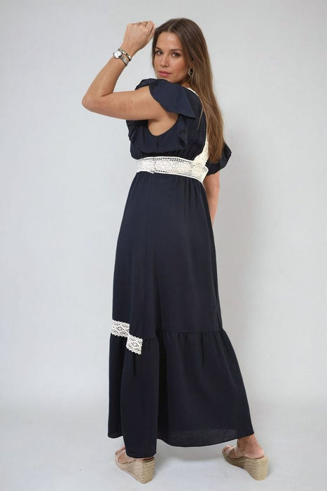 Timeless Elegance: V-neck Lace Trim Maxi Dress