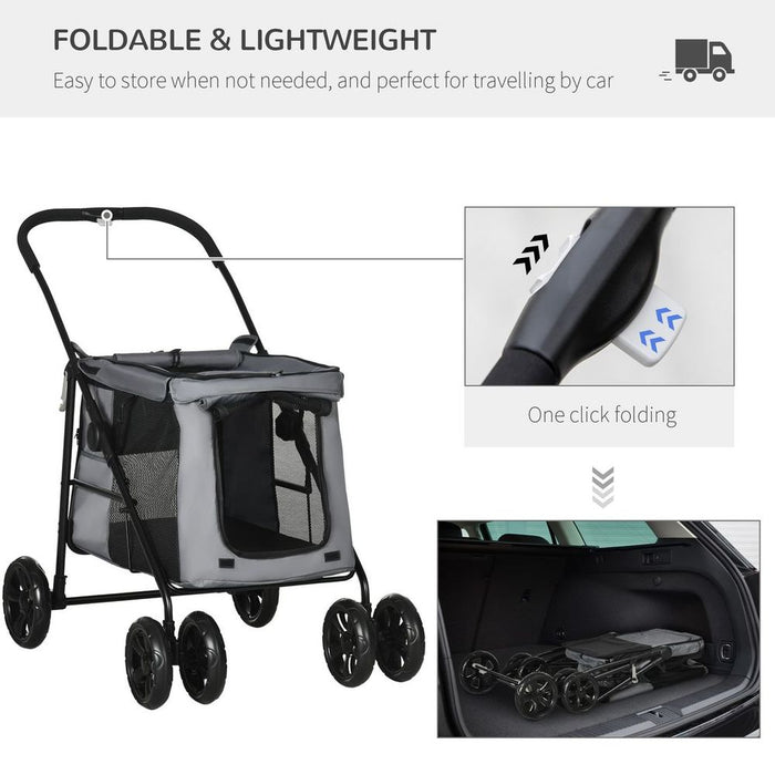 PawHut One-click Foldable Pet Stroller w/ Mesh Windows, for Small Pets - Grey