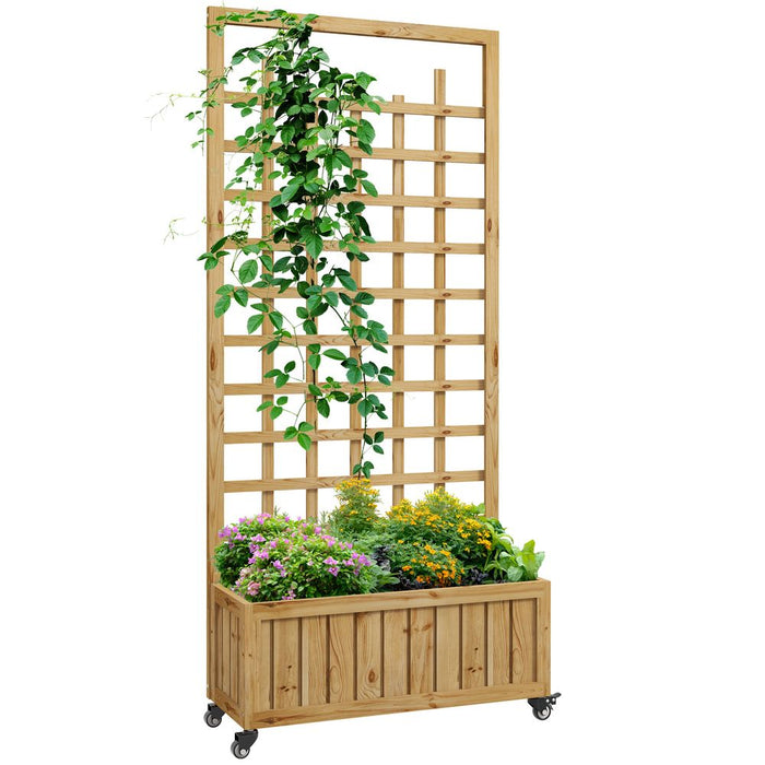 Outsunny Wooden Trellis Planter, Raised Garden Bed with Wheels and Bed Liner