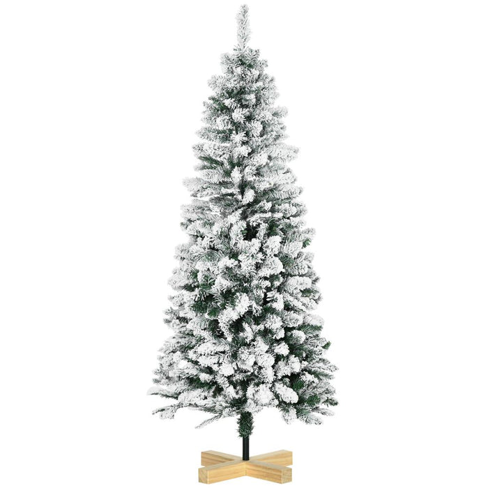 HOMCOM 5 Ft Snow Flocked Artificial Christmas Tree, Xmas Pencil Tree with Realistic Branches, Auto Open, Pinewood Base, Green