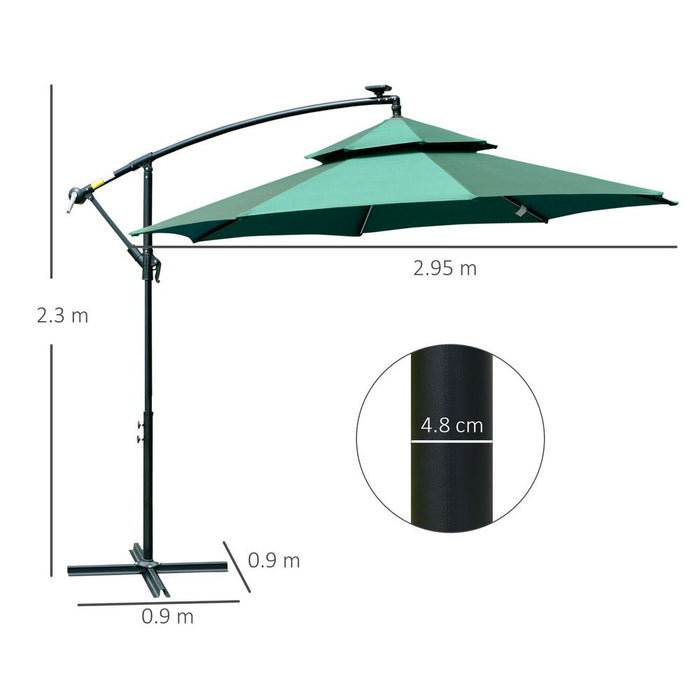 Premium 3m Double Roof Cantilever Banana Parasol w/ LED Solar Lights - Crank, Green