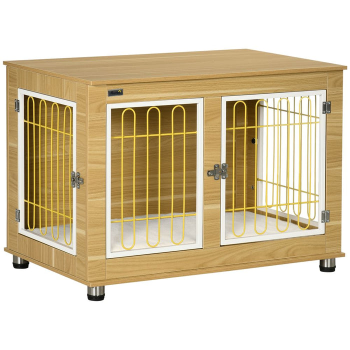 Luxury Dog Crate Furniture - End Table with Cushion, Double Door - Oak Tone