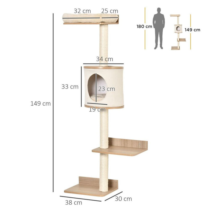 PawHut Wall-Mounted Cat Tree Shelter - Condo Bed Scratching Post - Beige