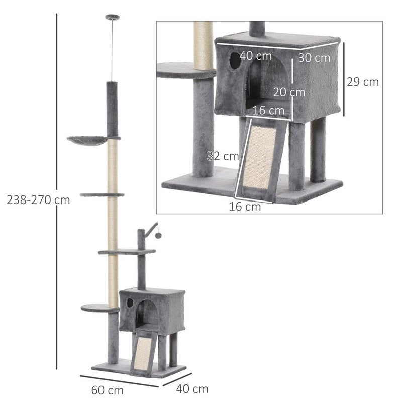 PawHut 270cm Floor To Ceiling Cat Tree Cat House Scratching Post for Indoor Cats Hammock Hanging Ball Activity Center Grey