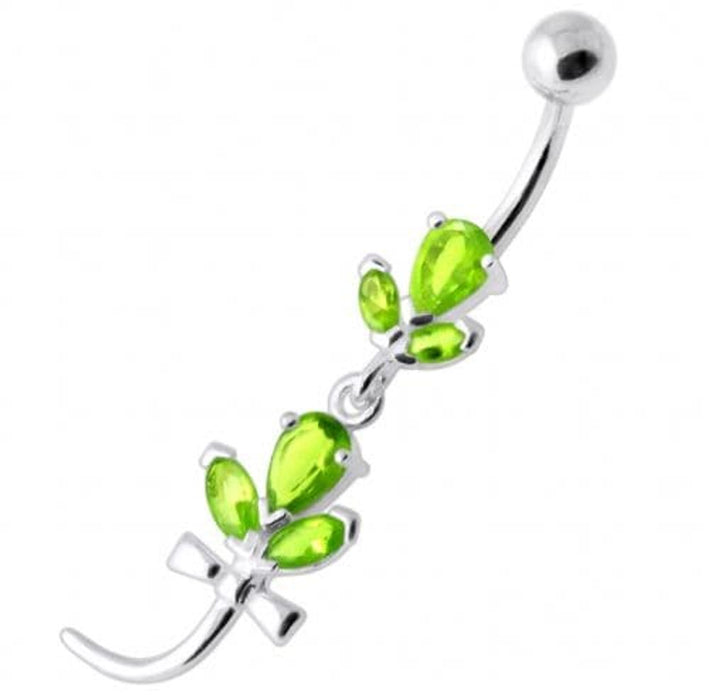 Tri Gems with tail Dangling Silver Belly Ring