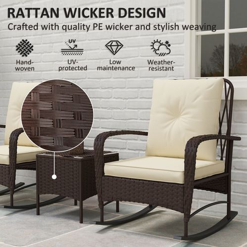 Outsunny Rattan Bistro Set Balcony Furniture with Rocking Chairs, Brown
