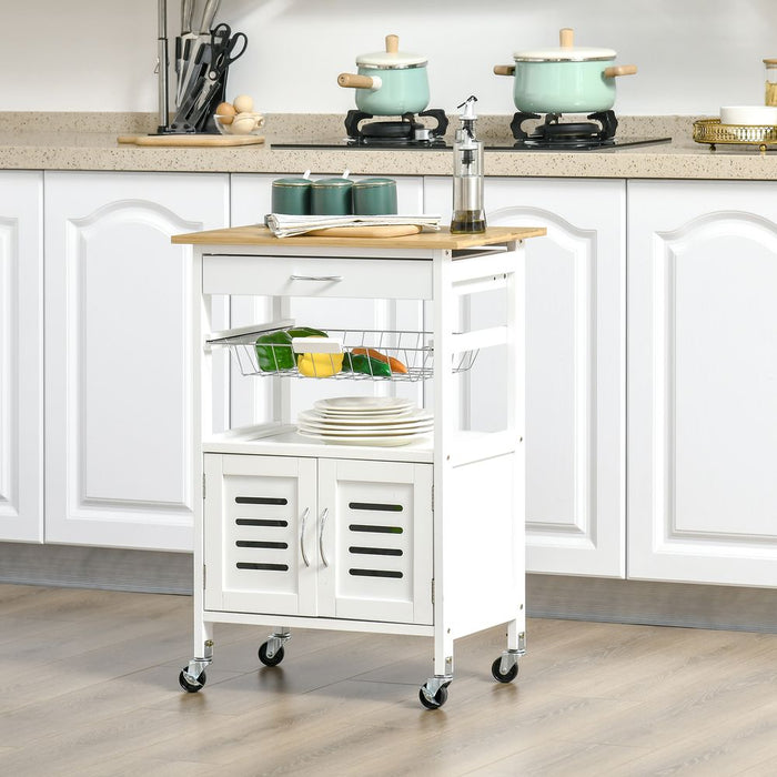 Kitchen Island Trolley Utility CartBamboo Table Top, Storage Cabinet, Drawer