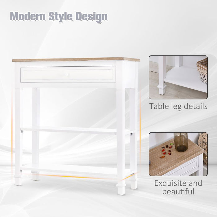 Stylish White MDF Console Table-Drawer & Shelves Storage-Oak Worktop-Balanced Legs