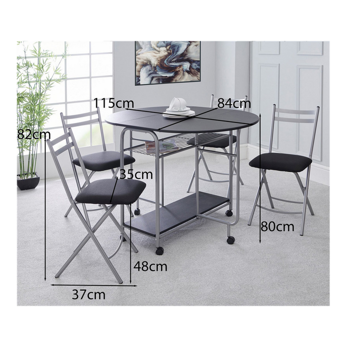 Stowaway 4 seat dining set - black/silver. Space-saving design. Drop-down panels, foldable chairs. Easy to move. Sturdy steel and MDF construction.