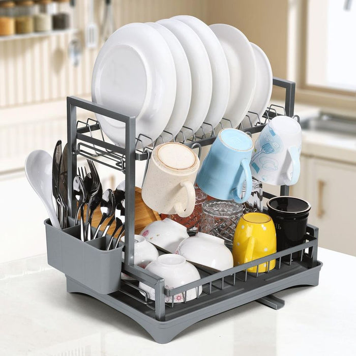 Vinsani Dish Drying Drainer Rack 2 Tier Space Saving Dish Rack Modern Kitchen Drying Rack with Cutlery Holder Auto Drainage System Dish Draining Rack for Kitchen Countertop (Grey)