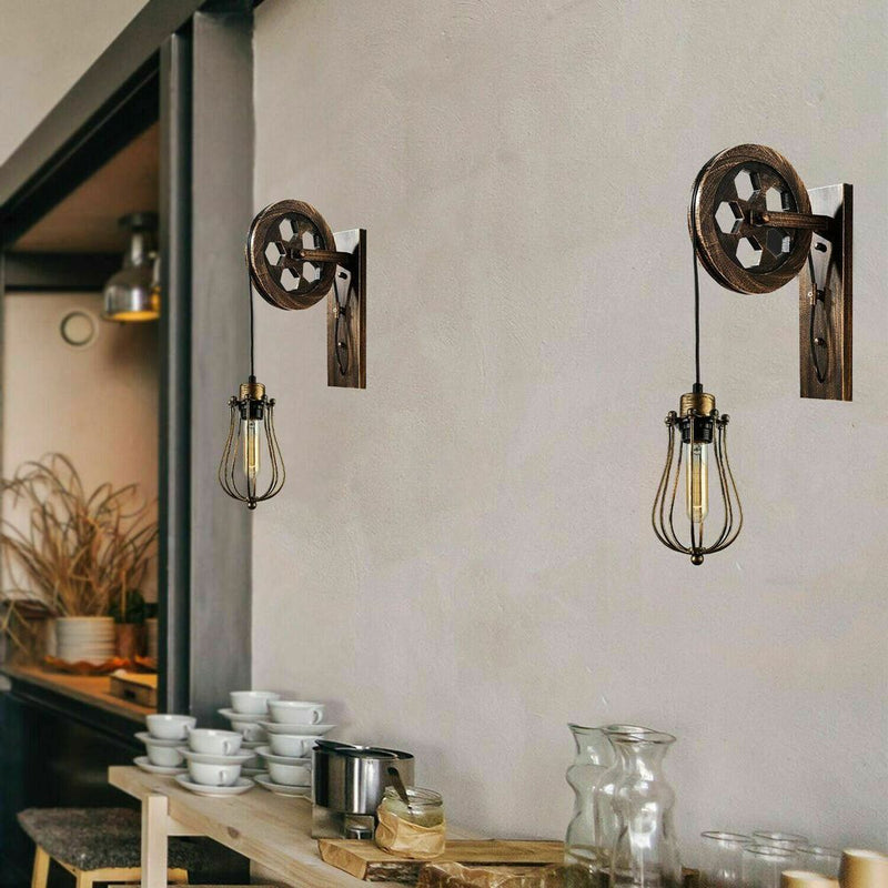 Retro Industrial Pulley Wheel Cage Wall Light E27~1212