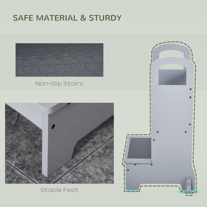 Kids Wooden 2-Step Stool Mini Ladder Assistance Unit w/ Non-Slip Panels Grey