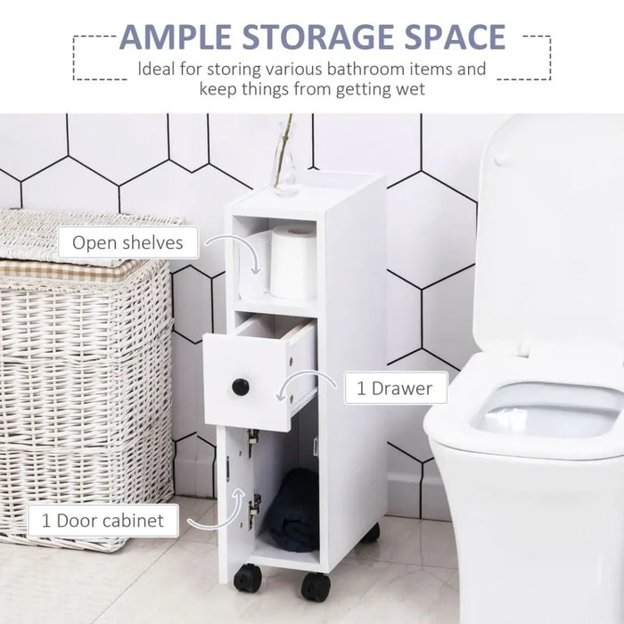 Slimline Bathroom Storage Unit w/ 2 Drawers 2 Open Compartments Wheels White