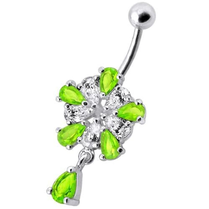 Jeweled Fancy Silver Flower Dangling Banana Bar Navel Belly Ring