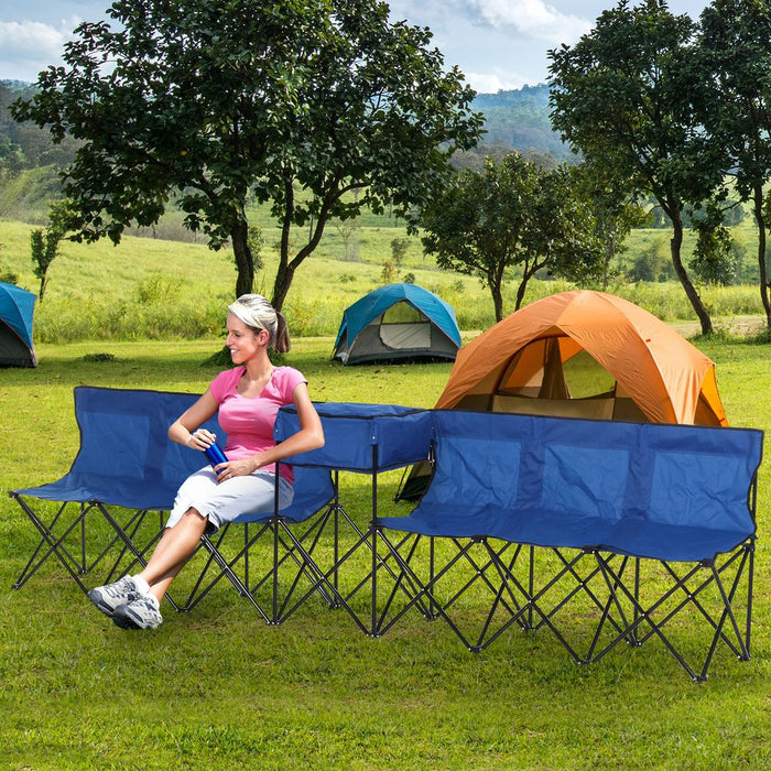 6 Seat Camping Bench Folding Portable Outdoor with Cooler Bag Blue Outsunny