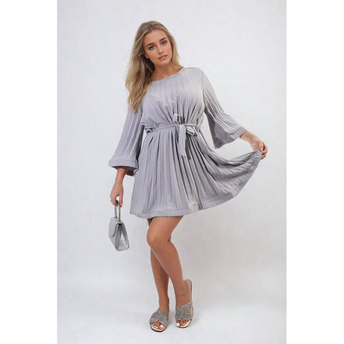 Pleated Tie Waist Mini Dress