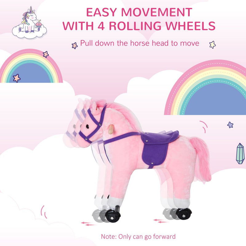 HOMCOM Wooden Action Pony Wheeled Walking Horse Riding Little Baby Plush Toy Wooden Style Ride on Animal Kids Gift w/Sound (Pink)