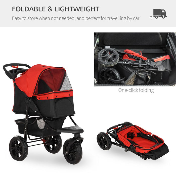 PawHut IE Located Folding Pet Stroller 3 Wheel Dog Jogger Travel Carrier Adjustable Canopy Storage Brake Mesh Window for Small Miniature Dog Cat Red