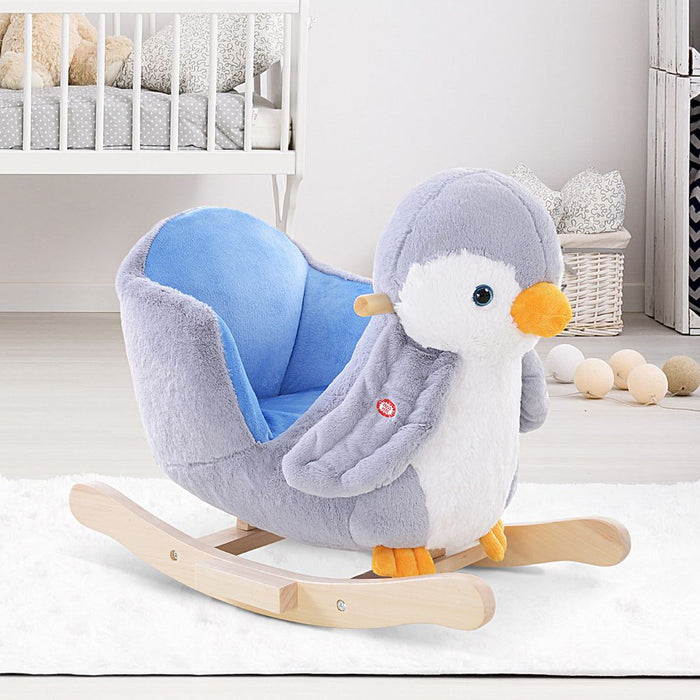 Animal Baby Rocking Horse Penguin Plush Musical Button - 32 Songs, Wood Frame