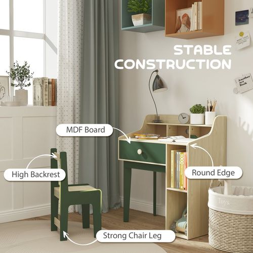 AIYAPLAY Kids Desk and Chair Set with Storage Shelves, Drawer, Green