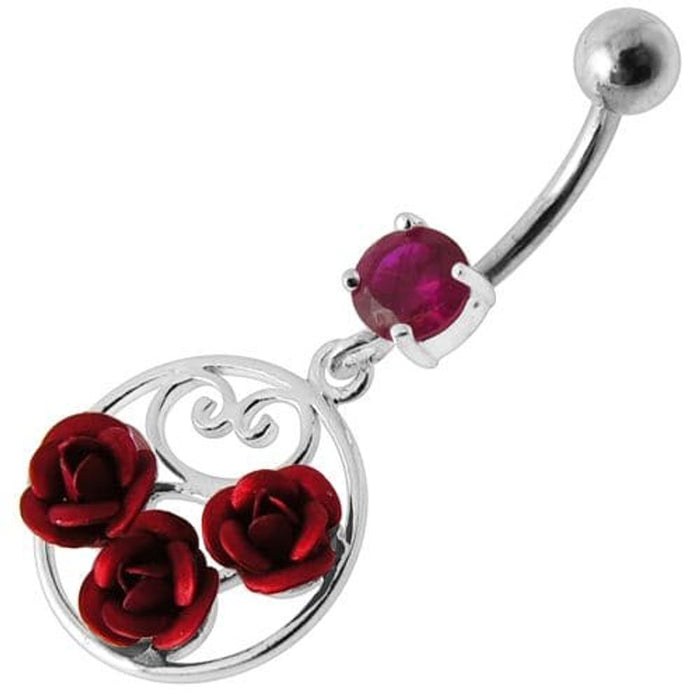 Fancy Multi Jeweled  ROSES Dangling Banana Bar Belly Ring