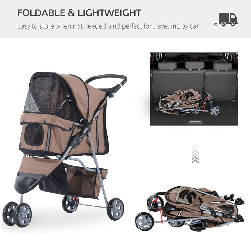 PawHut Pet Travel Stroller Cat Dog Pushchair Trolley Puppy Jogger Carrier Three Wheels for Small Miniature Dogs (Coffee)
