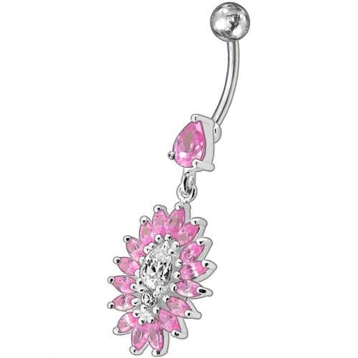 Jeweled Dangling Fancy  Glitter Flower SS Banana Bar Belly Ring Body Jewelry