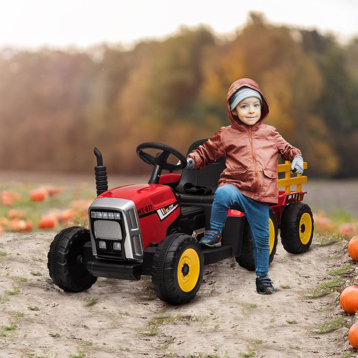 HOMCOM Ride on Tractor with Detachable Trailer, Remote Control, Music - Red