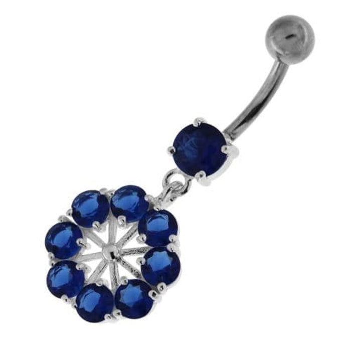 Round Jeweled Flower Sterling Silver Navel Ring