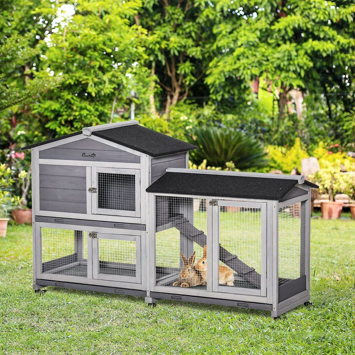 Premium Wooden Rabbit Hutch & Guinea Pig Cage | Slide-Out Tray, Ramp, Wheels | High-Quality, Easy Assembly | Light Grey